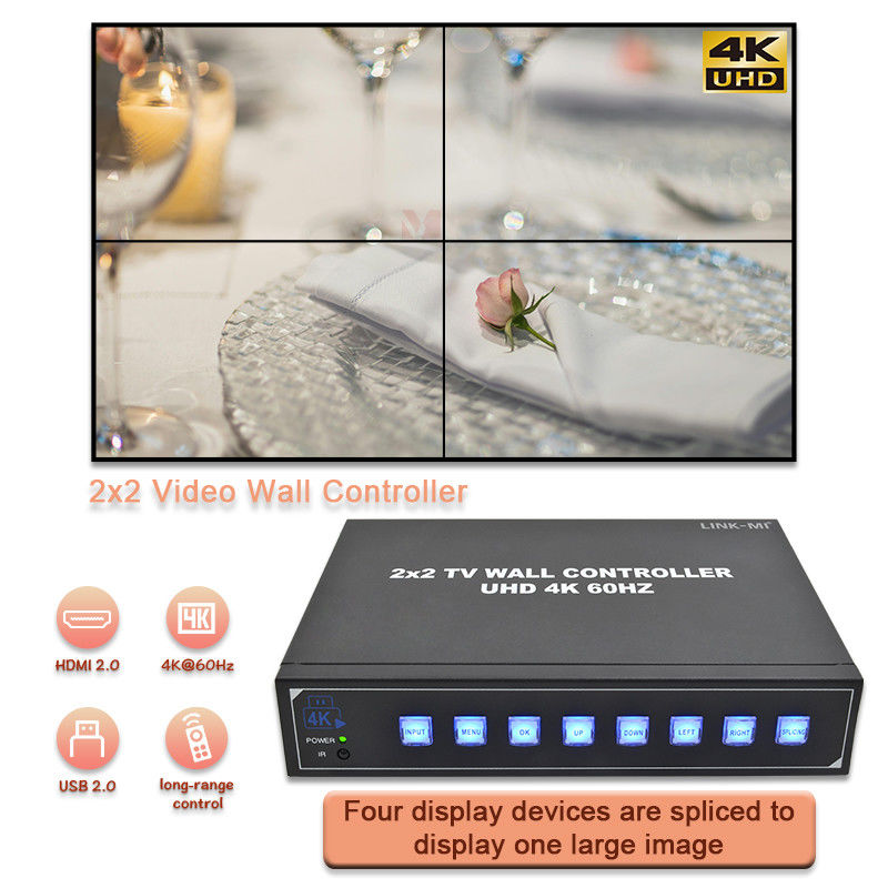 4K एचडीएमआई वीडियो वॉल प्रोसेसर 2X2 4 यूएचडी टीवी के लिए यूएसबी ऑटो डिस्प्ले का समर्थन करता है 4K 60Hz एलईडी वीडियो वॉल